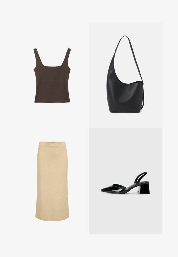 Haut sans manches marron avec un décolleté carré, fabriqué à partir d'un tissu doux et extensible. Présente un design ajusté et des coutures plates.; Jupe midi en tricot couleur beige clair, avec une taille côtelée et une silhouette droite, au toucher lisse et doux.; Escarpins en cuir verni noir avec bout pointu et talon bloc géométrique. Présente un design élégant et minimaliste ainsi qu'une texture lisse.; Sac hobo en cuir noir avec une texture lisse, une forme incurvée et une seule sangle réglable ; dispose d'une large ouverture en haut.
