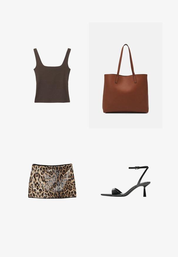 Hnědý bezramínkový top se čtvercovým výstřihem vyrobený z měkké, elastické tkaniny. Má přiléhavý design a ploché švy.; Mini sukně s leopardím potiskem, zdobená zlatými a černými flitry, se střihaným designem a černým pasem.; Bershka Sandály na vysokém podpatku - black; Hnědá kožená taška přes rameno s hladkou texturou, otevřeným designem a dvěma ramenními popruhy. Obsahuje minimální švy a žádné viditelné kovové prvky.