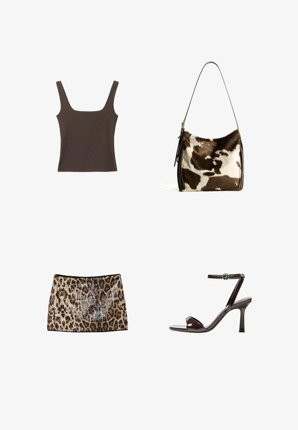 Braunes ärmelloses Oberteil mit quadratischem Ausschnitt, aus weichem, dehnbarem Stoff gefertigt. Verfügt über ein figurbetontes Design und flache Nähte.; Minirock im Leopardenmuster mit goldenen und schwarzen Pailletten, tailliertem Design und schwarzem Bund.; Braune Lackleder-High-Heelsandale mit einem Knöchelriemen, offener Zehenpartie und einem schlanken, minimalistischen Design. Verfügt über einen quadratischen Absatz.; Braune und cremefarbene Kuhhaut-Umhängetasche mit einem glatten Ledertrageriemen, Reißverschluss und einer weichen, strukturierten Oberfläche mit einem natürlichen Muster.