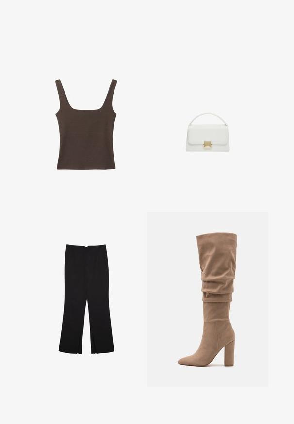 Brun ærmeløs top med firkantet udskæring, lavet af blød, strækbar stof. Har et tætsiddende design og flade sømme.; Sorte bukser med lige pasform, der har frontlommer og slidser i kanten. Lavet af blødt, glat stof. Velegnet til forskellige anledninger.; Anna Field Høje støvler/ Støvler - beige; Hvid læderhåndtaske med en struktureret design, der har et håndtag på toppen og en guldfarvet spænde. Glat tekstur og minimalistische detaljer.