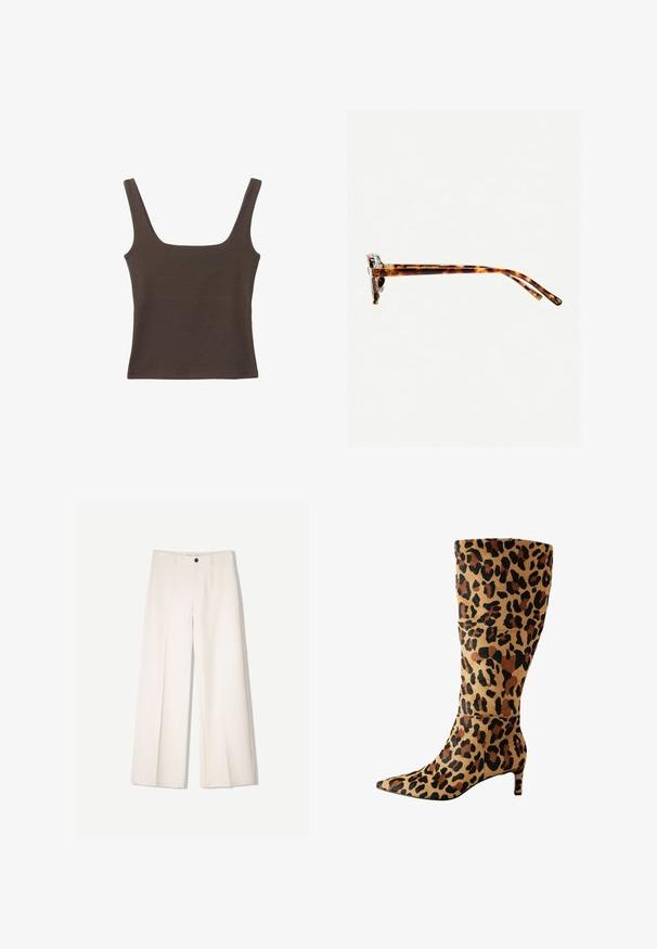 Hnedý bezrúškový top so štvorcovým výstrihom, vyrobený z mäkkého, elastického materiálu. Má priliehavý strih a ploché švy.; Krémové široké nohavice s nohavicami na mieru, s dvoma prednými vreckami a jedným predným zapínaním na gombík, vyrobené z hladkej tkaniny.; Kolená vysoké topánky s leopardím vzorom vyrobené z mäkkého materiálu s špicatou špičkou a nízkym podpätkom, s odvážnym čiernym a hnedým bodkovaným vzorom.; Slnkové okuliare v korytnačkovom vzore s hrubým rámom, mierne zakrivenými stranami a hladkým povrchom. Majú klasický dizajn s lesklým povrchom.
