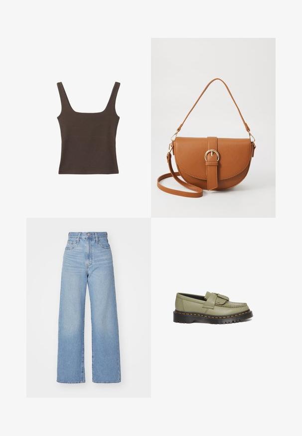 Brązowa bezrękawnikowa bluzka o kwadratowym dekolcie, wykonana z miękkiego, elastycznego materiału. Posiada dopasowany krój i płaskie szwy.; Jasnoniebieskie jeansy z wysokim stanem i szerokimi nogawkami, z zapięciem na guziki i zamek z przodu, przednie i tylne kieszenie, na białym tle.; Skórzane mokasyny w jasnym zielonym kolorze, z frędzlami. Gruba czarna podeszwa z żółtym przeszyciem. Klasyczny design mokasynów.; Brązowa skórzana torba na ramię o zaokrąglonym kształcie, ze złotymi akcentami i zapięciem w formie klamry. Posiada odpinany pasek na ramię.
