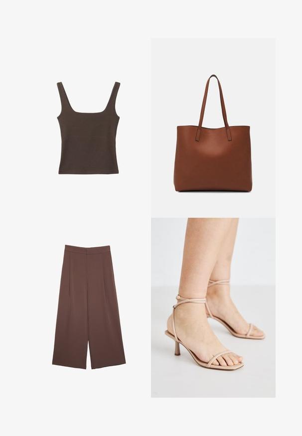 Ruskea hihaton toppi, jossa on neliönmuotoinen kaula-aukko, valmistettu pehmeästä ja joustavasta kankaasta. Ominaisuuksiin kuuluu istuva muotoilu ja sileät saumat.; Ruskeat leveälahkeiset housut, joissa on sileä pinta, korkea vyötärö ja etupleat. Kangas on kevyttä ja laskeutuu väljänä.; Alastomaiset nude-sandaalit, joissa on ohut nilkkaremmi, neliön muotoinen kärki ja pieni tukikorko. Sileä pinta, jossa on minimaalista yksityiskohtaa.; Ruskea nahkainen olkalaukku, jossa on sileä pinta, avoin yläosa ja kaksi olkahihnaa. Omaavat vain minimaalisen ompelun eikä näkyvää metalliosaa.