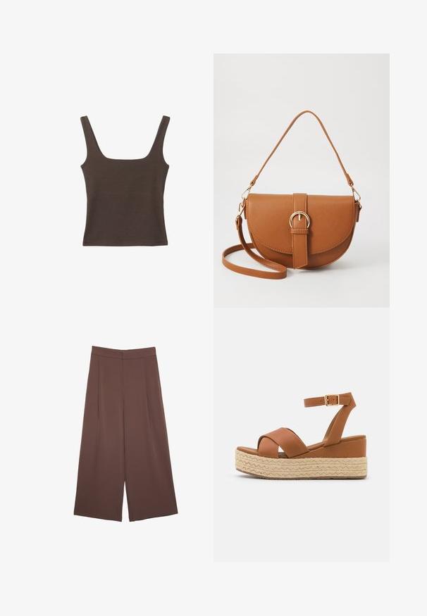 Braunes ärmelloses Oberteil mit quadratischem Ausschnitt, aus weichem, dehnbarem Stoff gefertigt. Verfügt über ein figurbetontes Design und flache Nähte.; Braune Weite-Leg-Hosen mit einer glatten Textur, hoher Taille und Vorderfalten. Der Stoff ist leicht und fällt locker.; Braune Plattform-Sandalen mit einem geflochtenen Jute-Boden, breiten Kreuzriemen und einem Knöchelriemen mit einer goldenen Schnalle. Glatte Lederstruktur.; Braune Leder-Crossbody-Tasche mit geschwungener Form, goldfarbenen Beschlägen und einer Schnallenakzentuierung. Verfügt über einen abnehmbaren Schultergurt.