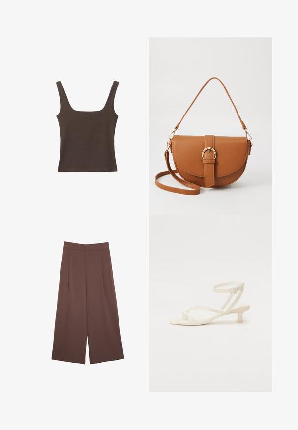 Brun ærmeløs top med firkantet udskæring, lavet af blød, strækbar stof. Har et tætsiddende design og flade sømme.; Brune bredbunde bukser med en glat tekstur, der har høj talje og plisseringer foran. Stoffet er let og falder løst.; Lys ivoire strappy sandal med en lav, blokhæle. Fremstillet af glat materiale, med tynde stropper og spænde lukning om anklen.; Brun læder crossbody taske med en buet form, guldfarvet hardware og en spændeaccent. Har en aftagelig skulderrem.