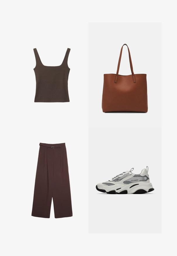 Brun ärmlös topp med fyrkantig halsringning, tillverkad av mjukt, elastiskt tyg. Har en figurnära design och plana sömmar.; Stradivarius WIDE-LEG WITH BUCKLE DETAIL - Tygbyxor - dark brown; Vita sportskor i vitt med nättyger, grå detaljer och svarta gummisålar. Har snörning, en dragflik och varumärkesetikett.; Brun läder tote-väska med en slät textur, öppen toppdesign och två axelremmar. Har minimal söm och ingen synlig metalldetalj.