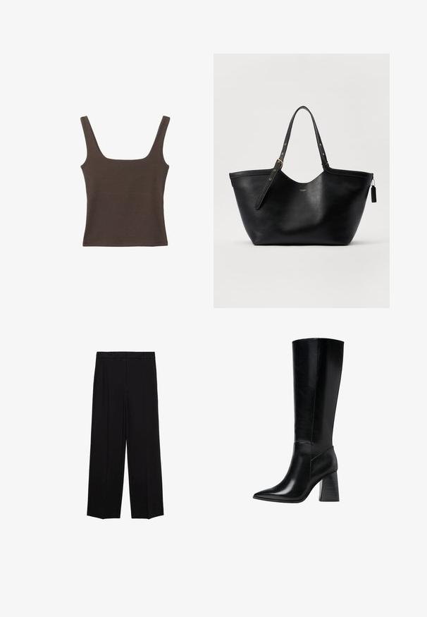 Top senza maniche marrone con scollo quadrato, realizzato in tessuto morbido ed elastico. Presenta un design aderente e cuciture piatte.; Pantaloni neri a gamba larga in tessuto morbido, con pieghe nella parte frontale e tasche laterali, progettati con una linea dritta e comoda.; Stivali neri in pelle al ginocchio con punta affilata, texture liscia e tacco robusto scalanato per stabilità. Design elegante con accentuazioni minime.; Borsa tote in pelle nera con una forma strutturata, doppio manico e dettagli in hardware dorato. Presenta una texture liscia e un'etichetta decorativa.
