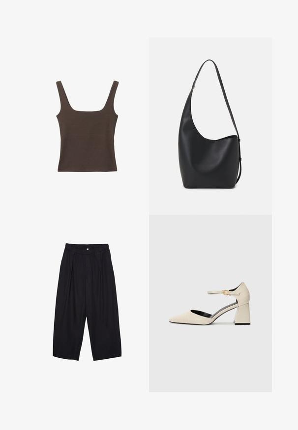 Braunes ärmelloses Oberteil mit quadratischem Ausschnitt, aus weichem, dehnbarem Stoff gefertigt. Verfügt über ein figurbetontes Design und flache Nähte.; Schwarze Polyester-Culotte mit einem elastischen Bund, zwei vorderen Falten und einer lockeren Silhouette. Keine sichtbaren Muster oder Hardware-Details.; Beige-farbene Kunstleder-Schuhe mit Blockabsatz, spitzem Zehenbereich, Knöchellasche und subtilen Details in Krokodil-Optik. Schwarze Innenauskleidung.; Schwarze Leder-Hobo-Tasche mit einer glatten Textur, geschwungener Form und einem einzelnen verstellbaren Tragegurt; verfügt über eine weite Öffnung am oberen Ende.