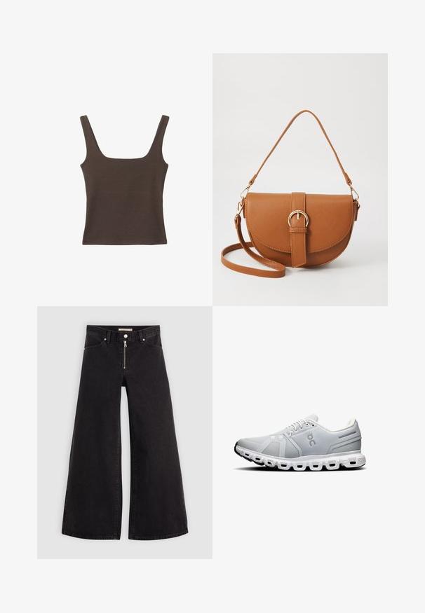 Brun ærmeløs top med firkantet udskæring, lavet af blød, strækbar stof. Har et tætsiddende design og flade sømme.; Vide ben jeans i sort denim med lynlås foran, fem lomme-design og subtile stikninger. Glat tekstur og afslappet stil.; Lysegrå sportsko med mesh-overdel, hvide snørebånd og en segmenteret hvid sål. Har et logo og diskrete designlinjer på siden.; Brun læder crossbody taske med en buet form, guldfarvet hardware og en spændeaccent. Har en aftagelig skulderrem.