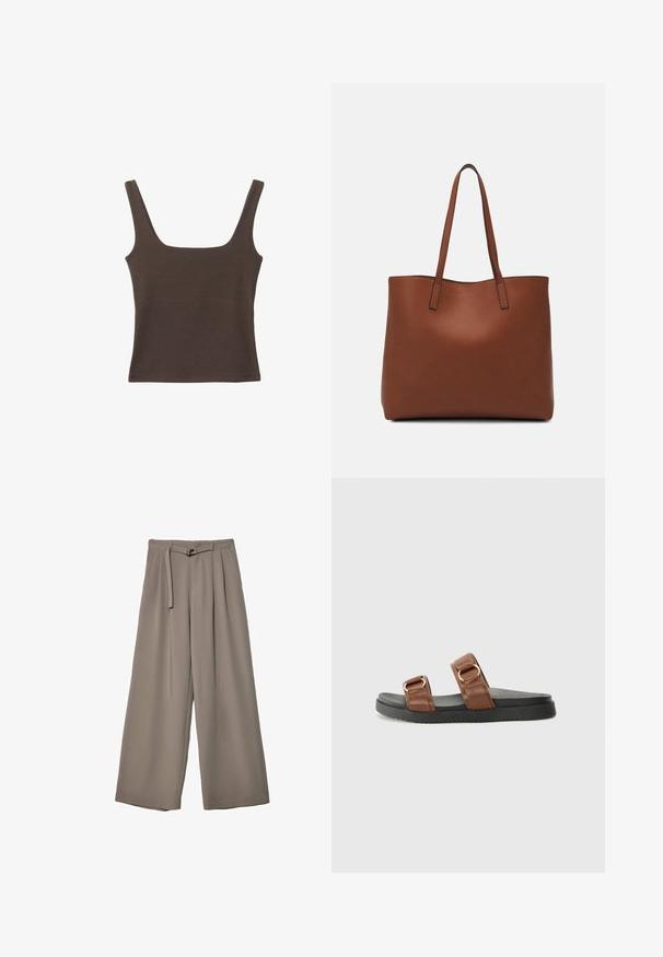 Top senza maniche marrone con scollo quadrato, realizzato in tessuto morbido ed elastico. Presenta un design aderente e cuciture piatte.; Pantaloni a gamba larga in un morbido tessuto grigio tenue, con vita con cintura e pieghe per un tocco di design aggiuntivo. Texture liscia, senza motivi.; Le ciabatte in pelle marrone presentano due larghe cinghie con hardware dorato, poggiando su una suola in gomma nera testurizzata.; Borsa tote in pelle marrone con texture liscia, design con apertura superiore e due spallacci. Presenta cuciture minime e nessun hardware visibile.