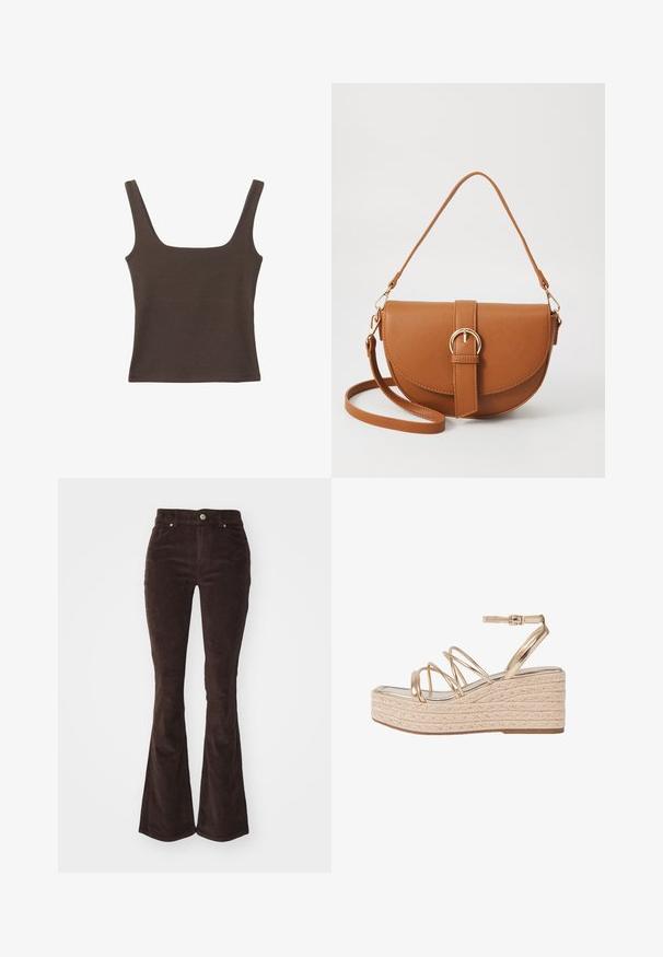 Brun ärmlös topp med fyrkantig halsringning, tillverkad av mjukt, elastiskt tyg. Har en figurnära design och plana sömmar.; Vero Moda VMFLASH FLARED PANTS - Tygbyxor - chocolate torte; Guldmetalliska kilklackar med en flätad juteplattform, med flera tunna remmar och ett ankelsnap för stöd.; Brun läder crossbody-väska med en böjd form, gyllene detaljer och en spänneaccent. Har en avtagbar axelrem.