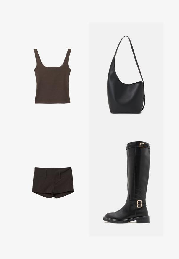Hnědý bezramínkový top se čtvercovým výstřihem vyrobený z měkké, elastické tkaniny. Má přiléhavý design a ploché švy.; Černé bavlněné šortky s přiléhavým střihem, charakterizované hladkým povrchem a dvěma předními kapsami. Středně vysoký pas a žádné nápadné vzory.; Černé vysoké kozačky vyrobené z hladké kůže s kulatou špičkou, robustním podpatkem a dvojitými zlatými přezkami na kotníkovém pásku.; Černá kožená hobo taška s hladkým povrchem, zakřiveným tvarem a jedním nastavitelným popruhem; má široké otevírání nahoře.