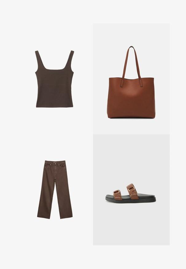 Brązowa bezrękawnikowa bluzka o kwadratowym dekolcie, wykonana z miękkiego, elastycznego materiału. Posiada dopasowany krój i płaskie szwy.; Szerokie brązowe dżinsy wykonane z denimu, z wysokim stanem, przednimi kieszeniami i klasycznym zapięciem na guzik. Gładka faktura z subtelnym przeszyciem.; Brązowe skórzane sandały na płaskiej podeszwie z dwiema szerokimi paskami z złotym wykończeniem, osadzone na teksturowanej czarnej gumowej podeszwie.; Brązowa skórzana torba tote o gładkiej fakturze, z otwartym wierzchem i dwoma ramiączkami. Charakteryzuje się minimalnym przeszyciem i brakiem widocznych elementów metalowych.