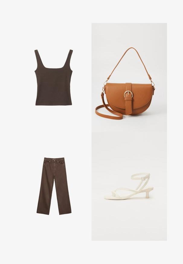 Braunes ärmelloses Oberteil mit quadratischem Ausschnitt, aus weichem, dehnbarem Stoff gefertigt. Verfügt über ein figurbetontes Design und flache Nähte.; Weite braune Jeans aus Denim, mit hoher Taille, Fronttaschen und klassischem Knopfverschluss. Glatte Textur mit feinen Nähten.; Helle Elfenbein Sandale mit dünnen Riemen und einem niedrigen Blockabsatz. Hergestellt aus glattem Material, mit dünnen Riemen und einem Schnallenverschluss um den Knöchel.; Braune Leder-Crossbody-Tasche mit geschwungener Form, goldfarbenen Beschlägen und einer Schnallenakzentuierung. Verfügt über einen abnehmbaren Schultergurt.