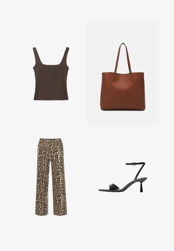 Top senza maniche marrone con scollo quadrato, realizzato in tessuto morbido ed elastico. Presenta un design aderente e cuciture piatte.; Pantaloni palazzo in stampa leopardata beige e nera, con chiusura a bottone e più tasche, realizzati in un tessuto testurizzato.; Bershka Sandali con tacco - black; Borsa tote in pelle marrone con texture liscia, design con apertura superiore e due spallacci. Presenta cuciture minime e nessun hardware visibile.