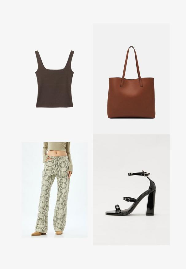 Braunes ärmelloses Oberteil mit quadratischem Ausschnitt, aus weichem, dehnbarem Stoff gefertigt. Verfügt über ein figurbetontes Design und flache Nähte.; Weite Hosen mit einem hellgrünen und grauen Schlangenmuster. Sie bestehen aus einem strukturierten Stoff, haben Seitentaschen und einen Knopfverschluss.; Schwarze patentierte Sandalen mit Absatz, quadratischer Spitze, Knöchelriemen und silbernen Schnallen. Mit einem stabilen Blockabsatz für mehr Stabilität.; Braune Leder-Tote mit glatter Textur, offenem Oberteil und zwei Schulterriemen. Verfügt über minimale Nähte und keine sichtbaren Beschläge.