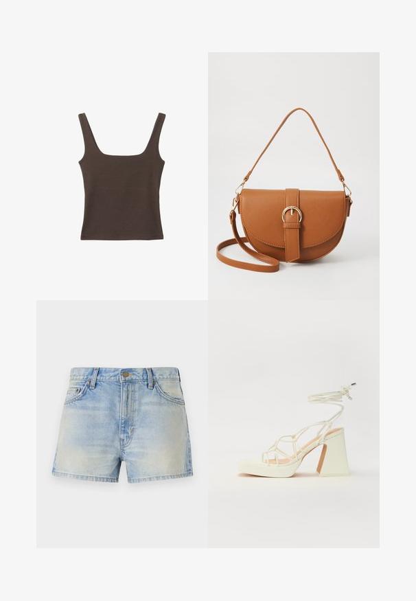 Ruskea hihaton toppi, jossa on neliönmuotoinen kaula-aukko, valmistettu pehmeästä ja joustavasta kankaasta. Ominaisuuksiin kuuluu istuva muotoilu ja sileät saumat.; Vaaleansiniset farkkushortsit, joissa on korkea vyötärö, kaksi etutaskua ja hienovarainen haalistuma kuluneen ilmeen saavuttamiseksi. Metallinen napitus.; Valkoinen korkokenkä, jossa on paksu korko, ja joka sisältää nauhakiinnityksen ja nilkkaketjun. Sujuva pinta, jossa on platform-etupohja lisäkorkeutta varten.; Ruskean nahkainen olkalaukku, jossa on kaareva muoto, kultaiset yksityiskohdat ja solkiyksityiskohta. Varustettu irrotettavalla olkahihnalla.