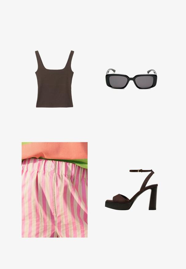 Brun ærmeløs top med firkantet udskæring, lavet af blød, strækbar stof. Har et tætsiddende design og flade sømme.; Lyserøde og creme-stribede stofshorts med elastisk talje. Har broderet logo detaljer på taljen. Glat tekstur.; Brune ruskinds højhælede sandal med åben tå, justerbar ankelrem og en stribet plade sål.; Sorte rektangulære solbriller med mørke linser, glat plastikramme og buede stænger. Designet er klodset med en minimalistisk æstetik.