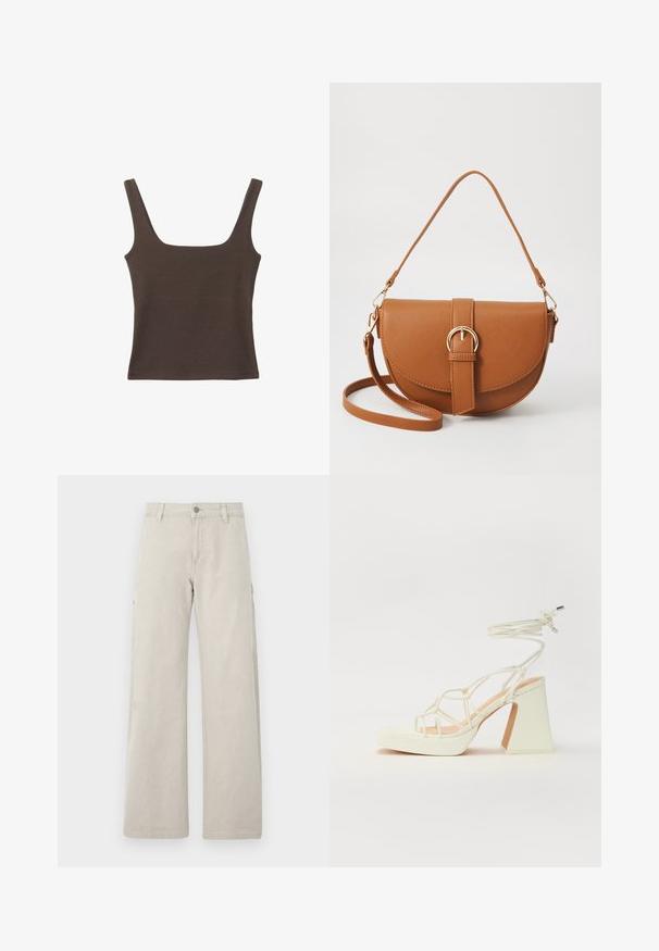 Braunes ärmelloses Oberteil mit quadratischem Ausschnitt, aus weichem, dehnbarem Stoff gefertigt. Verfügt über ein figurbetontes Design und flache Nähte.; Beige Cargo-Hose mit geradem, weitem Bein, ausgestattet mit Seitentaschen und einem Knopfverschluss, aus robustem Baumwollmaterial gefertigt.; Weiße High-Heel-Sandale mit einem klobigen Absatz, die über ein Riemchendesign und ein Knöchelband verfügt. Glatte Textur mit einer Plattform vorne für zusätzliche Höhe.; Braune Leder-Crossbody-Tasche mit geschwungener Form, goldfarbenen Beschlägen und einer Schnallenakzentuierung. Verfügt über einen abnehmbaren Schultergurt.