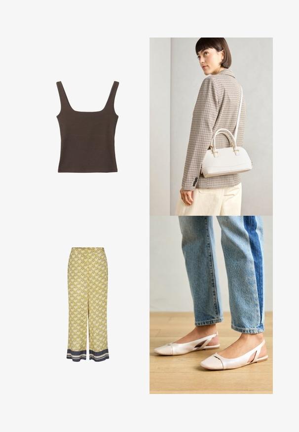 Brun ärmlös topp med fyrkantig halsringning, tillverkad av mjukt, elastiskt tyg. Har en figurnära design och plana sömmar.; Mönstrade gula byxor med elastisk midjeband, med en blommönster i vitt och marinblått, samt en mörk randig detalj vid fållen.; Ljust rosa slingback-lägenheter med spetsig tå, tillverkade av ett slätt läderliknande material. Har utskurna detaljer på sidorna och en platt häl.; Vitt strukturerat handväska med korta handtag och en axelrem, med gyllene detaljer och texturerat material, visad mot en grå bakgrund.