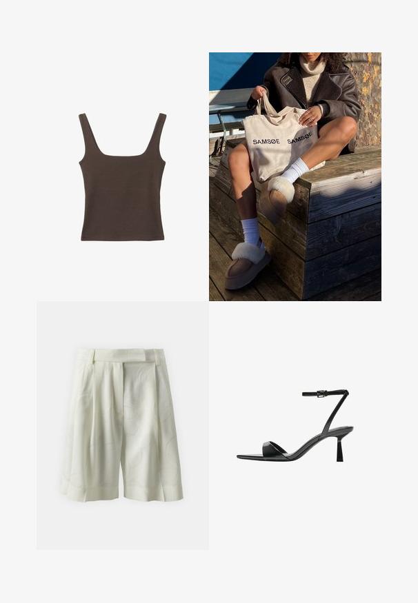 Braunes ärmelloses Oberteil mit quadratischem Ausschnitt, aus weichem, dehnbarem Stoff gefertigt. Verfügt über ein figurbetontes Design und flache Nähte.; Plissee-Shorts aus hellem Elfenbein-Stoff mit einem subtilen abstrakten Muster. Sie verfügen über einen flachen Taillenbund und eine lässige Passform, ideal für warmes Wetter.; Bershka High Heel Sandalette - black; Beige Tragetasche mit zweimal aufgedrucktem "SAMSOE", tanfarbene Hausschuhe mit weißem Kunstfellbesatz, weiße Socken und einen braunen Schaffellmantel auf einer Holzoberfläche.