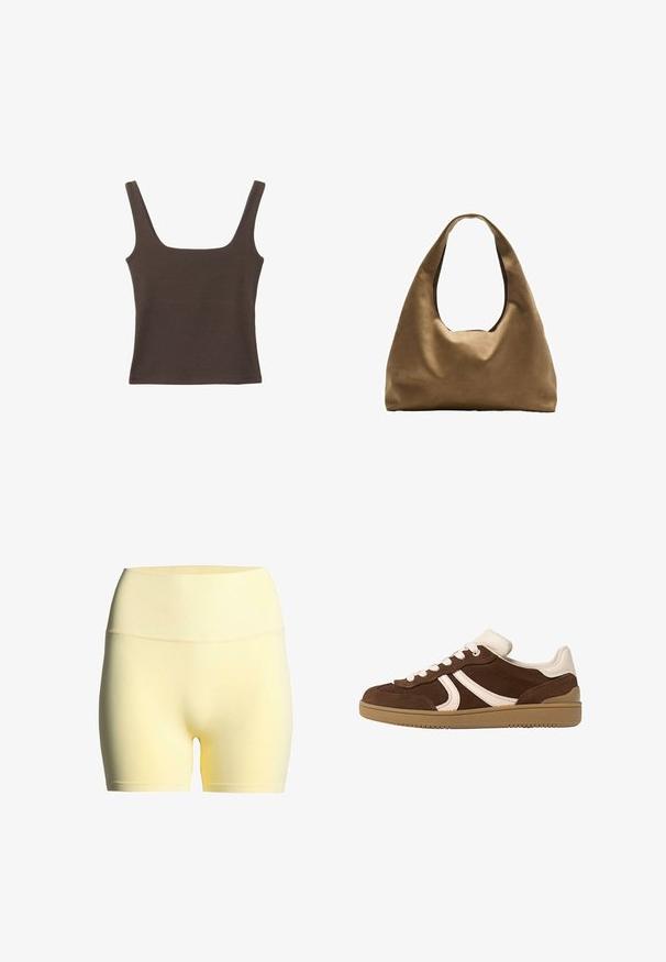 Brun ærmeløs top med firkantet udskæring, lavet af blød, strækbar stof. Har et tætsiddende design og flade sømme.; Gule stofshorts med ribbet talje, der har en glat tekstur og et mellemlangt design, velegnet til sportstøj eller afslappet brug.; Brune ruskinds sneakers med cremefarvede detaljer, rund tå, snørebånd fortil og tekstureret gummisål. Sidelogo i kontrastfarve.; Brun stof skuldertaske med en bred, rundet krop og et stort udsnit håndtag. Blød tekstur, minimalistisk design og ingen synlig hardware.