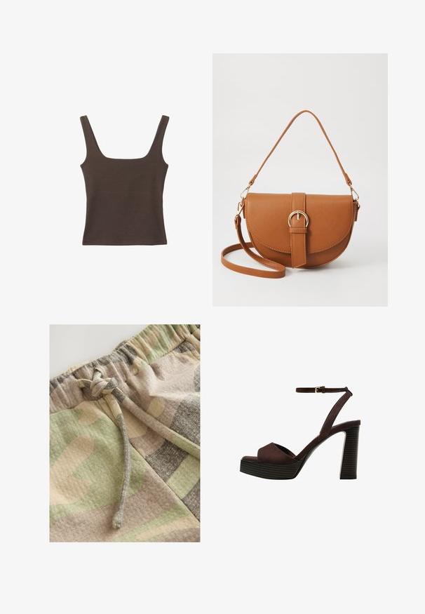 Top senza maniche marrone con scollo quadrato, realizzato in tessuto morbido ed elastico. Presenta un design aderente e cuciture piatte.; Pantaloni corta con motivo camo che mescolano tonalità di verde, beige e grigio. Presentano una vita elastica e un cordino per una vestibilità regolabile.; Sandal in camoscio marrone con tacco alto, punta aperta, cinturino alla caviglia regolabile e suola a piattaforma striata.; Borsa a tracolla in pelle marrone con forma curvata, hardware dorato e un dettaglio con fibbia. Presenta una tracolla rimovibile.