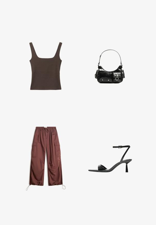 Brązowa bezrękawnikowa bluzka o kwadratowym dekolcie, wykonana z miękkiego, elastycznego materiału. Posiada dopasowany krój i płaskie szwy.; Szerokie brązowe spodnie cargo z elastycznym paskiem w talii, sznureczkiem do regulacji, dużymi kieszeniami bocznymi oraz regulowanymi sznureczkami przy kostkach.; Bershka - Sandały na obcasie; Czarna torebka z lakierowanej skóry o zaokrąglonym kształcie, z jednym paskiem na ramię, przednimi kieszeniami i akcentami w kolorze srebrnym.