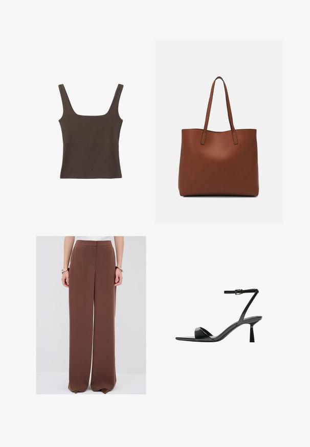 Ruskea hihaton toppi, jossa on neliönmuotoinen kaula-aukko, valmistettu pehmeästä ja joustavasta kankaasta. Ominaisuuksiin kuuluu istuva muotoilu ja sileät saumat.; Ruskeat leveälahkeiset housut sileässä kankaassa. Ominaisuuksia ovat muotoiltu vyötärö ja näkymättömät taskut, sekä puhdas, virtaava siluetti.; Bershka Korolliset sandaalit - black; Ruskea nahkainen olkalaukku, jossa on sileä pinta, avoin yläosa ja kaksi olkahihnaa. Omaavat vain minimaalisen ompelun eikä näkyvää metalliosaa.