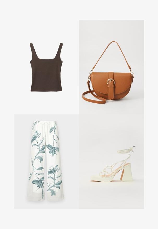 Bruine tanktop zonder mouwen met een vierkante halslijn, gemaakt van zachte, rekbare stof. Heeft een aansluitend ontwerp en platte naden.; Hoogwaardige, wijde broek in witte stof met blauwe bloemenpatronen. Elastische tailleband met een strik, gladde textuur, casual ontwerp.; Witte hoge hakken sandaal met een chunky hak, met een bandjesontwerp en enkelband. Gladde textuur met een plateau voor extra hoogte.; Bruine leren schoudertas met een gebogen vorm, gouden hardware en een gespaccent. Bevat een afneembare schouderriem.