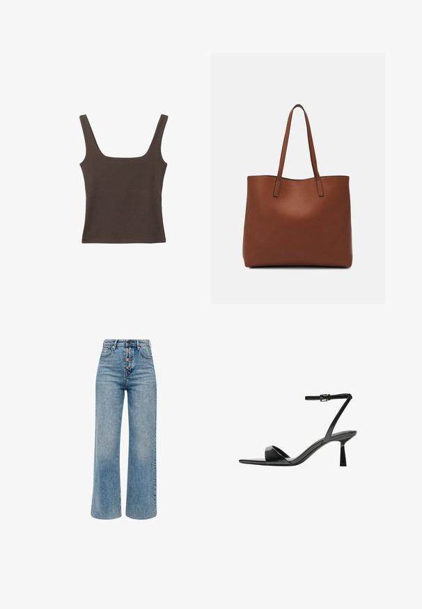 Braunes ärmelloses Oberteil mit quadratischem Ausschnitt, aus weichem, dehnbarem Stoff gefertigt. Verfügt über ein figurbetontes Design und flache Nähte.; s.Oliver Flared Jeans - blau; Bershka High Heel Sandalette - black; Braune Leder-Tote mit glatter Textur, offenem Oberteil und zwei Schulterriemen. Verfügt über minimale Nähte und keine sichtbaren Beschläge.