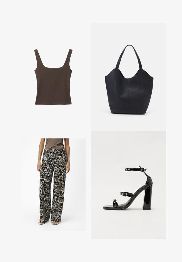 Haut sans manches marron avec un décolleté carré, fabriqué à partir d'un tissu doux et extensible. Présente un design ajusté et des coutures plates.; Pantalons larges à imprimé léopard en tissu doux, avec des couleurs noir et beige, offrant une coupe décontractée et de légères poches latérales.; Sandales à talons vernies noires avec un bout carré, des sangles autour de la cheville et des boucles en argent. Dotées d'un talon bloc épais pour plus de stabilité.; Sac fourre-tout noir en cuir lisse, doté d'un haut ouvert et courbé avec deux brides d'épaule et un design minimaliste.