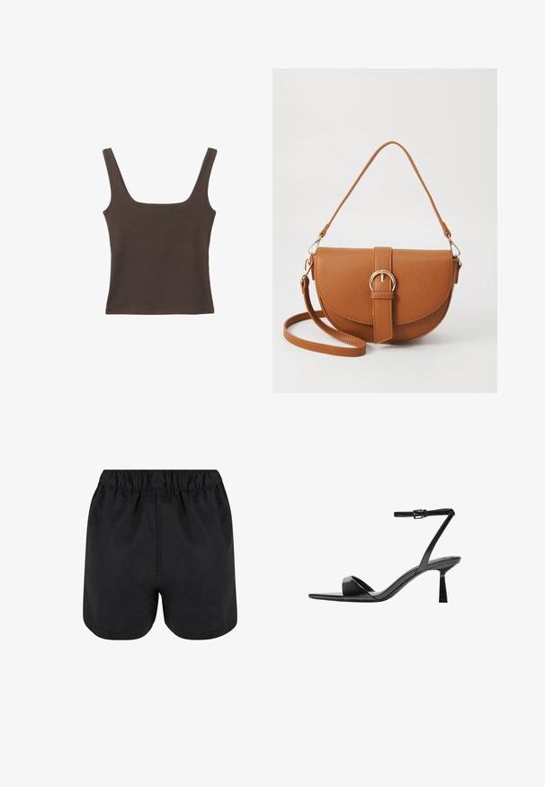 Hnedý bezrúškový top so štvorcovým výstrihom, vyrobený z mäkkého, elastického materiálu. Má priliehavý strih a ploché švy.; Čierne šortky s elastickým pásom. Mäkka tkanina, jednoduchý dizajn a mierne zaokrúhlený lem na spodnej strane. Žiadne viditeľné vzory ani logá.; Bershka Sandále na vysokom opätku - black; Hnedá kožená kabelka cez telo s zakriveným tvarom, zlatými kovovými doplnkami a akcentom s prackou. Obsahuje odnímateľný ramenný popruh.
