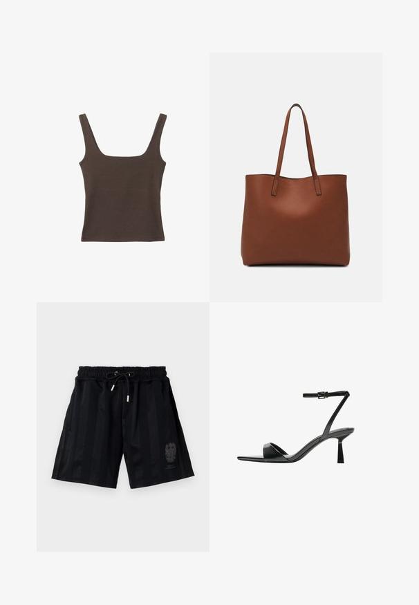 Hnědý bezramínkový top se čtvercovým výstřihem vyrobený z měkké, elastické tkaniny. Má přiléhavý design a ploché švy.; Černé sportovní šortky s elastickým pasem a stahovací šňůrkou, s vodorovnými pruhy a nenápadným emblémem na levé noze.; Bershka Sandály na vysokém podpatku - black; Hnědá kožená taška přes rameno s hladkou texturou, otevřeným designem a dvěma ramenními popruhy. Obsahuje minimální švy a žádné viditelné kovové prvky.