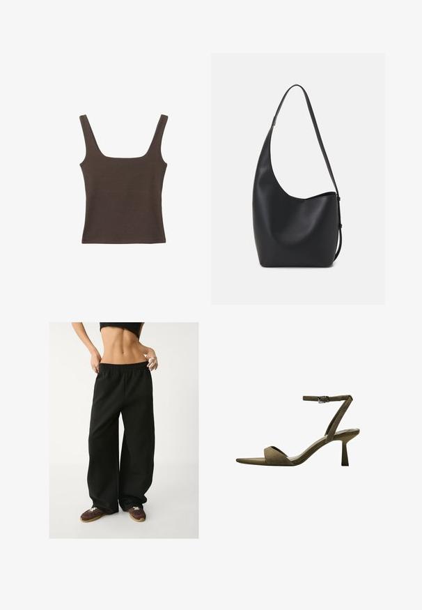 Brown sleeveless top with a square neckline, made from soft, stretchy fabric. Features a fitted design and flat seams.; Black, wide-leg sweatpants with an elastic waistband. Made from soft fabric, featuring a relaxed fit. Paired with brown sneakers.; Bershka WITH ANKLE STRAP - Sandals - mottled green; Black leather hobo bag with a smooth texture, curved shape, and single adjustable strap; features a wide opening at the top.