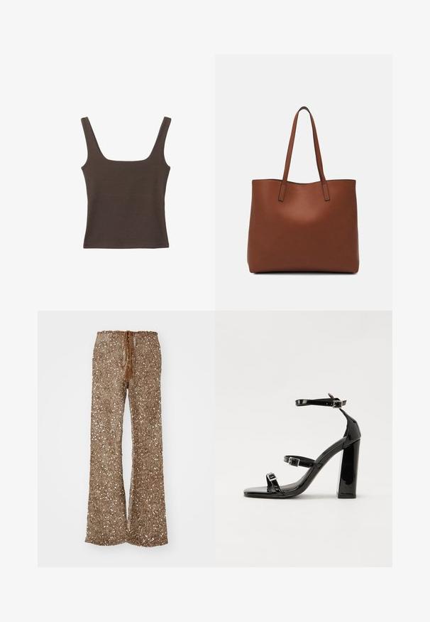 Top senza maniche marrone con scollo quadrato, realizzato in tessuto morbido ed elastico. Presenta un design aderente e cuciture piatte.; Pantaloni a palazzo marroni realizzati in tessuto testurizzato con paillettes argentate, caratterizzati da un cinturino con coulisse e pon pon per la regolazione.; Sandali con tacco in vernice nera, con punta squadrata, cinturini alla caviglia e fibbie in argento. Presentano un tacco a blocco spesso per maggiore stabilità.; Borsa tote in pelle marrone con texture liscia, design con apertura superiore e due spallacci. Presenta cuciture minime e nessun hardware visibile.