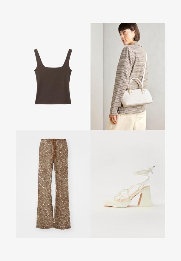 Brązowa bezrękawnikowa bluzka o kwadratowym dekolcie, wykonana z miękkiego, elastycznego materiału. Posiada dopasowany krój i płaskie szwy.; Brązowe spódnie w kształcie dzwonów wykonane z teksturowanej tkaniny z srebrnymi cekinami, z elastycznym pasem na sznurku z chwostami do regulacji.; Biała sandał na wysokim obcasie z masywnym słupkiem, z paskowym wzorem i wiązaniem przy kostce. Gładka faktura z platformą z przodu dla dodatkowej wysokości.; Biała torebka o strukturalnym kształcie z krótkimi uchwytami i paskiem na ramię, z złotymi akcentami i teksturowanym materiałem, prezentowana na szarym tle.