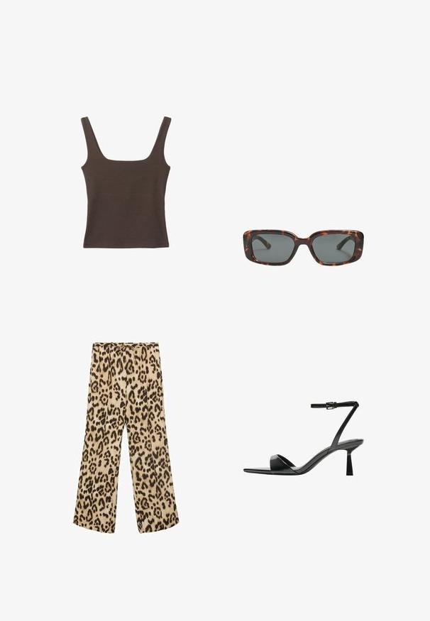 Rjava brezrokavna majica s kvadratnim izrezom, narejena iz mehkega, elastičnega materiala. Ima oprijet kroj in ravne šive.; Široke hlače s leopardjim vzorcem v bež in rjavi barvi, z vrvico v pasu, gladkim materialom in sproščenim krojem.; Bershka Sandali z visoko peto - black; Sonce, ki je oblikovana v tortoščkovem vzorcu, ima pravokotne leče, debele okvirje in temne leče. Ima gladko teksturo in minimalističen dizajn.
