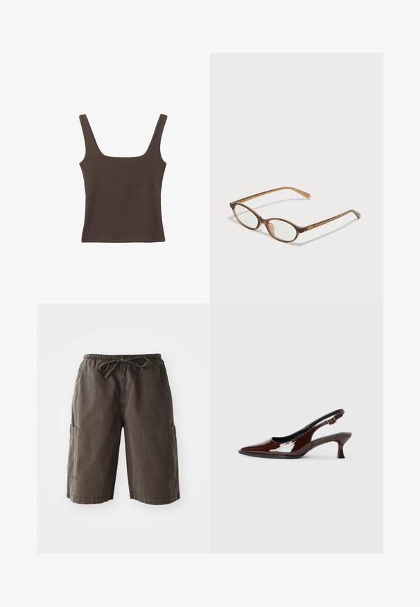 Top senza maniche marrone con scollo quadrato, realizzato in tessuto morbido ed elastico. Presenta un design aderente e cuciture piatte.; Pantaloni cargo in tessuto grigio scuro, con vita elastica e cordino, tasche laterali e vestibilità rilassata. Materiale resistente.; Scarpa slingback in pelle verniciata marrone con punta affusolata e tacco moderato. Presenta una fascia con fibbia per una calzata sicura. Tessuto liscio.; Occhiali tortoiseshell marroni con lenti ovali, aste sottili e dettagli trasparenti. Presentano un logo sottile sulla tempia. Design elegante e leggero.