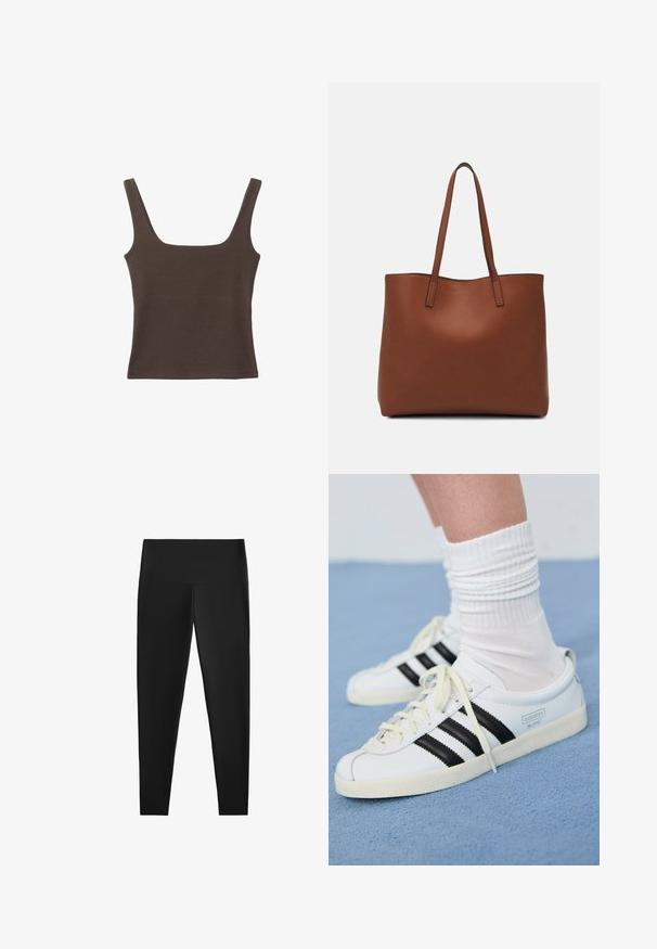 Rjava brezrokavna majica s kvadratnim izrezom, narejena iz mehkega, elastičnega materiala. Ima oprijet kroj in ravne šive.; Črne legice z visokim pasom, izdelane iz raztegljivega materiala. Gladka tekstura in prilegajoča zasnova za udobno nošenje. Brez vidnih vzorcev ali dodatkov.; Bele usnjene športne čevlje z črnimi črtami, kremnim podplatom in svetlimi vezalkami. Obuti z belimi rebrastimi nogavicami, postavljeni na modro ozadje.; Rjava usnjena torba z gladko teksturo, odprto zasnovo zgoraj in dvema naramnima trakovoma. Opremljena je z minimalnim šivanjem in brez vidnih kovinskih delov.