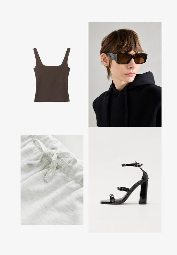 Top senza maniche marrone con scollo quadrato, realizzato in tessuto morbido ed elastico. Presenta un design aderente e cuciture piatte.; Tessuto grigio chiaro con una consistenza morbida, caratterizzato da un dettaglio a papillon realizzato con un nastro testurizzato coordinato in vita.; Sandali con tacco in vernice nera, con punta squadrata, cinturini alla caviglia e fibbie in argento. Presentano un tacco a blocco spesso per maggiore stabilità.; Occhiali da sole neri oversize con finitura lucida, forma rettangolare, lenti marroni e dettagli del logo dorato sulle astine.