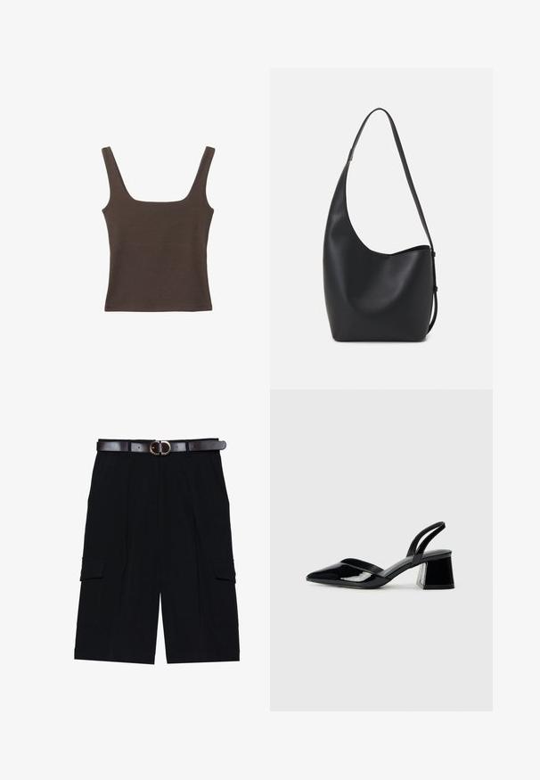 Rjava brezrokavna majica s kvadratnim izrezom, narejena iz mehkega, elastičnega materiala. Ima oprijet kroj in ravne šive.; Črne cargo kratke hlače iz lahkega blaga, s širšim krojem, stranskimi žepi in rjavim usnjenim pasom s srebrno sponko.; Črne lakirane slingback pete s koničastim nosom in geometrijsko blokasto peto. Imajo eleganten, minimalističen dizajn in gladko teksturo.; Črna usnjena hobo torba z gladko teksturo, ukrivljeno obliko in eno nastavljivo naramnico; ima širok odprtina na vrhu.