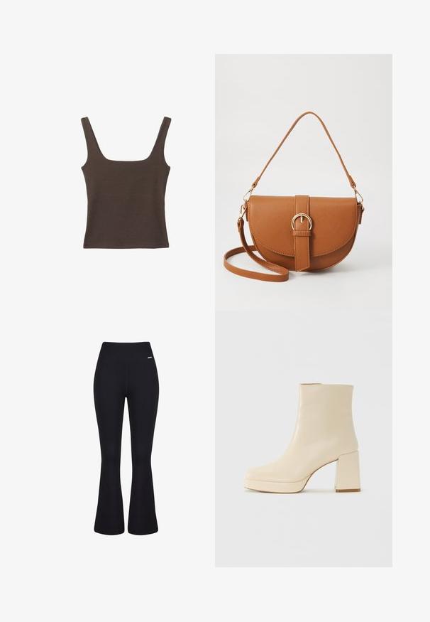 Rjava brezrokavna majica s kvadratnim izrezom, narejena iz mehkega, elastičnega materiala. Ima oprijet kroj in ravne šive.; Črne rebraste široke hlače z visokim pasom. Gladka tekstura in prilegajoča silhueta, ki se zožuje proti kolenom, preden se razširi.; Bež usnjena gležnjarica z blok peto in platformo, gladka površina in rahlo kvadratni prst, obrnjena levo na belem ozadju.; Rjava usnjena torbica prek telesa s ukrivljeno obliko, zlate opreme in sponko. Ima odstranljiv naramni trak.