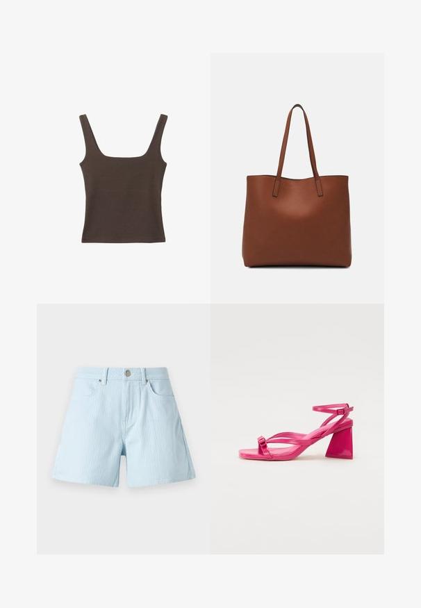 Hnedý bezrúškový top so štvorcovým výstrihom, vyrobený z mäkkého, elastického materiálu. Má priliehavý strih a ploché švy.; Svetlomodré pruhované šortky s vysokým pásom, prednými vreckami a kovovým zapínaním. Tkanina má jemnú štruktúru a upravený strih.; Ružové lakované kožené sandále na podpätku so štvorcovou špičkou, úzkymi popruhmi a geometrickým blokovým podpätkom. Obsahujú sponu na popruhu.; Hnedá kožená taška na rameno s hladkou textúrou, otvoreným vrchom a dvoma ramenými popruhmi. Má minimálne šitia a žiadne viditeľné kovania.