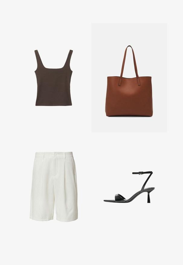 Haut sans manches marron avec un décolleté carré, fabriqué à partir d'un tissu doux et extensible. Présente un design ajusté et des coutures plates.; Shorts blancs rayés, fabriqués en tissu texturé, dotés d'une fermeture à bouton, de plis et de poches latérales. Coupe ajustée ; longueur au genou.; Bershka Sandales à talons hauts - black; Sac fourre-tout en cuir marron avec une texture lisse, design à ouverture supérieure et deux poignées pour le porter à l'épaule. Présente des coutures minimales et aucun matériel visible.
