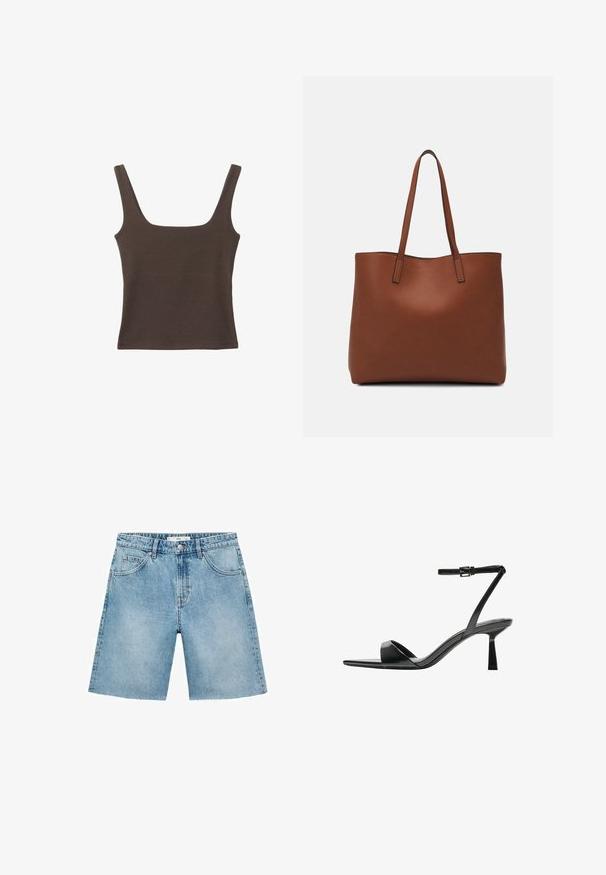 Smešani smeđi top bez rukava sa kvadratnim izrezom, izrađen od mekanog, rastezljivog materijala. Ima kroj koji se uklapa i ravne šavne.; Svijetloplave traper kratke hlače ravnog kroja, s pet džepova, prednjim zatvaranjem na gumb i razapetim rubom. Klasična tekstura trapera.; Bershka Sandale s visokom petom - black; Smeđa kožna torba preko ramena s glatkom teksturom, otvorenim vrhom i dvjema naramenicama. Ima minimalne šavove i nema vidljivog hardvera.