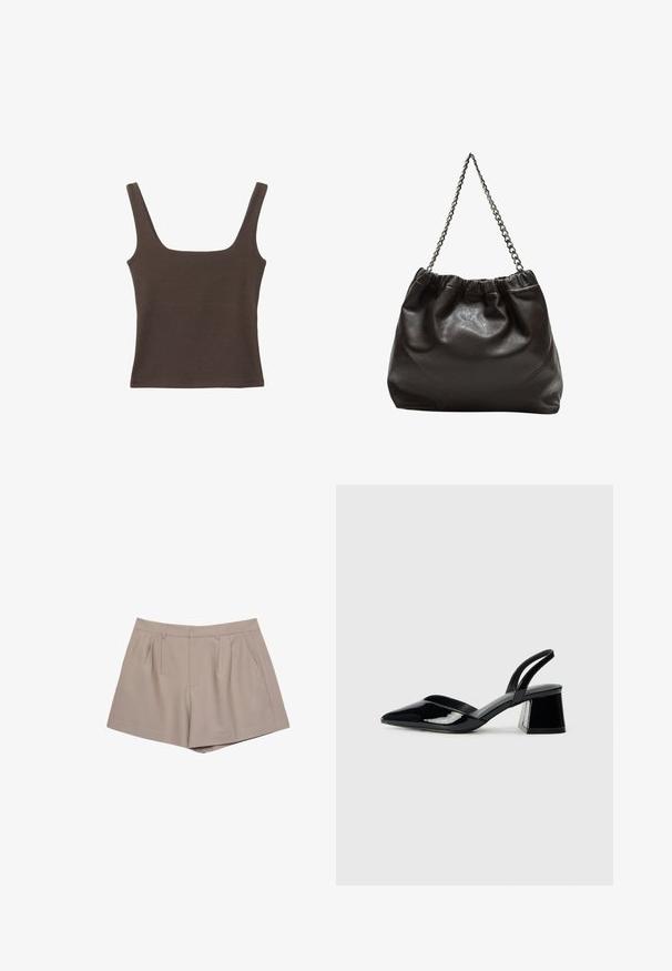 Brun ærmeløs top med firkantet udskæring, lavet af blød, strækbar stof. Har et tætsiddende design og flade sømme.; Beige skræddersyede shorts med høj talje, bæltestropper, forkantsfolder og sidelommer, præsenteret på en hvid baggrund.; Sorte patentlæder slingback hæle med spids tå og en geometrisk blok hæl. Har et elegant, minimalistisk design og en glat tekstur.; Brun lædertaske med en rynket top og en kædestrop. Glat tekstur med en blank finish og subtile sømdetaljer på siderne.
