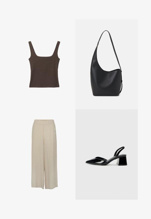 Brązowa bezrękawnikowa bluzka o kwadratowym dekolcie, wykonana z miękkiego, elastycznego materiału. Posiada dopasowany krój i płaskie szwy.; Beżowe spodnie z szerokimi nogawkami wykonane z lekkiego materiału. Posiadają elastyczny pas oraz trzy dekoracyjne guziki z boku. Gładka tekstura.; Czarne lakierowane półbuty na obcasie z wydłużonym noskiem i geometrycznym słupkiem. Charakteryzują się eleganckim, minimalistycznym designem oraz gładką fakturą.; Czarna skórzana torba hobo o gładkiej fakturze, zaokrąglonym kształcie i pojedynczym, regulowanym pasku; posiada szerokie otwarcie na górze.