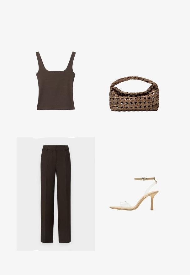 Brun ærmeløs top med firkantet udskæring, lavet af blød, strækbar stof. Har et tætsiddende design og flade sømme.; Selected Femme SLFRITA WIDE PANT - Bukser - coffee bean melange; Klart hælet sandal med en gennemsigtig overdel, beige fodseng og en slank ankelrem. Har en spids tå og en tynd høj hæl.; Vevet brun håndtaske med rektangulær form, struktureret håndtag og tekstureret overflade. Har en lukket top og et indviklet vævemønster.