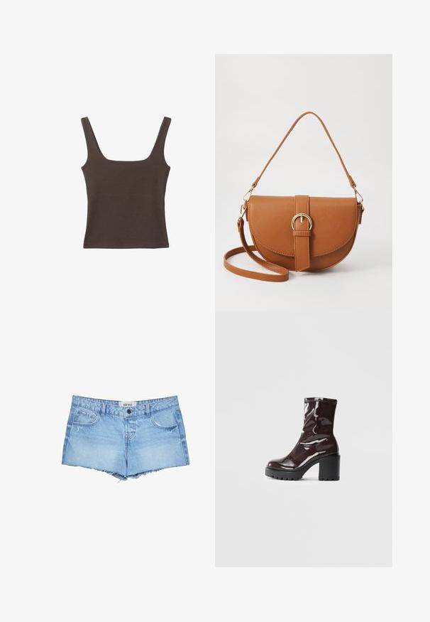 Brun ärmlös topp med fyrkantig halsringning, tillverkad av mjukt, elastiskt tyg. Har en figurnära design och plana sömmar.; Ljusblå denimshorts med fransad nederkant, som har fem fickor, knappstängning fram och en märkesetikett vid midjan.; Glansig bordeauxfärgad ankelsko med en kraftig svart klack, som har en slät yta och enkel design. Inga synliga stängningar eller mönster.; Brun läder crossbody-väska med en böjd form, gyllene detaljer och en spänneaccent. Har en avtagbar axelrem.